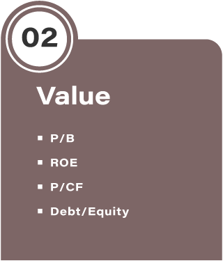 Value; P/B; ROE; P/CF; debt/equity.